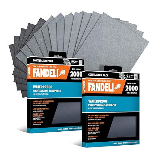Fandeli - Waterproof Sandpaper | 2000 Grit | 50 Sheets 9'' x 11'' | Ideal for Car Polishing, Wooden Furniture Sanding and Metal Sanding | Water Resistant | Sandpaper Sheets | Sandpaper Grit.