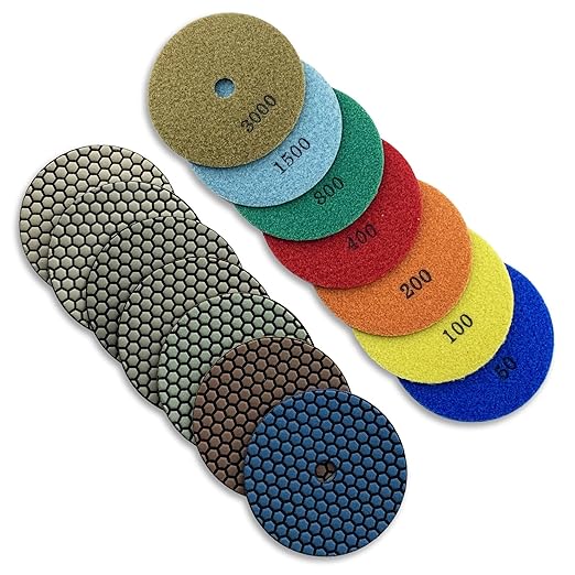 7" High Performance Dry Stone/Concrete Polishing Pads Set (50, 100, 200, 400, 800, 1500, 3000 Grit) - 1.5mm Segment Height, Honeycomb Style for Granite, Engineering Stone, Concrete Counter Tops.