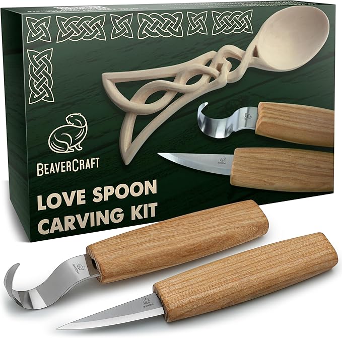BeaverCraft Wood Spoon Carving Kit for Beginners DIY04 - Whittling Set Includes Spoon Carving Tools, Sloyd Whittling Knife Hook Knife, Basswood Blank - Woodworking Hobby Kit for Adults & Kids