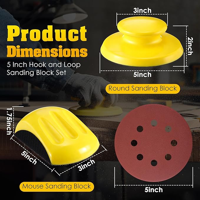 Huwena 5 Inch Hook and Loop Sanding Block Set, 2 Pcs Round and Mouse Sanding Block with 50 Pcs Different Grit Discs Sandpapers, Sand Paper for Wood Furniture Restoration Home Arts and Crafts