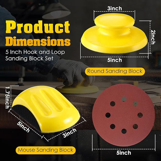 Huwena 5 Inch Hook and Loop Sanding Block Set, 2 Pcs Round and Mouse Sanding Block with 50 Pcs Different Grit Discs Sandpapers, Sand Paper for Wood Furniture Restoration Home Arts and Crafts