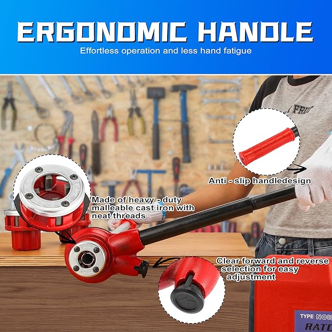 Pipe Threader Ratchet Kit竊?Manual Ratcheting Pipe Threading Tool Set with 6 NPT Dies (1/4" 3/8" 1/2" 3/4" 1" 1-1/4"),Portable Pipe Threading Tool Set for Galvanized Aluminum Iron Copper Pipes