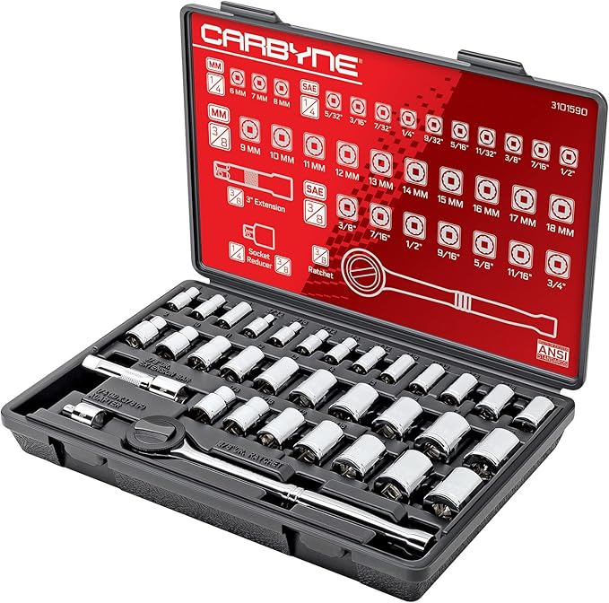 CARBYNE 34-Piece 1/4" & 3/8" Drive Socket & Ratchet Set | SAE & Metric. Includes Metric 6 to 18mm, SAE 5/32" to 3/4". 6 & 12 Point. Cr-V Steel ??From a Family-Run Tool Company Based in the U.S.A.