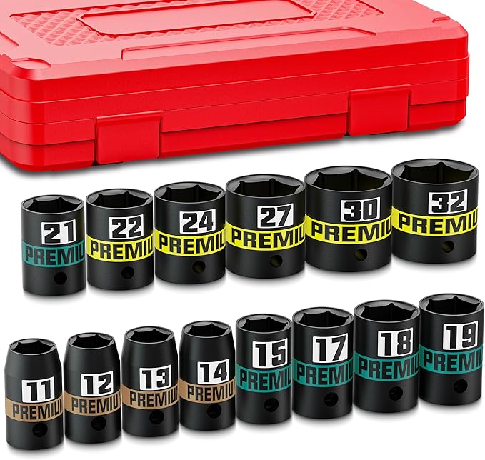 14-Piece 1/2" Drive Shallow Impact Socket Set, 11-32mm, Semi-Deep Sockets, CR-V, Socket Set for Automotive and Home, Metric, 6 Point