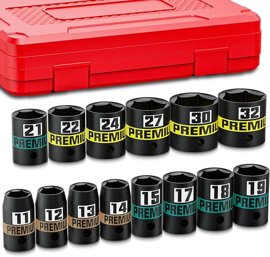 14-Piece 1/2" Drive Shallow Impact Socket Set, 11-32mm, Semi-Deep Sockets, CR-V, Socket Set for Automotive and Home, Metric, 6 Point