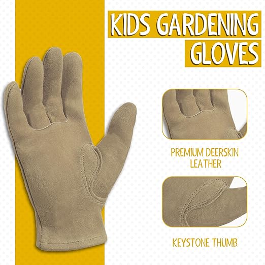 HANDLANDY Kids Genuine Leather Work Gloves for ages 3-11, Children Gardening Gloves for Boys, Girls (Medium (for age5-7), 2 pairs)