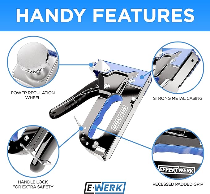 E?줨erk - 5-in-1 Staple Gun Set - Heavy-Duty Stapler w/ 1500 Staples & Staple Remover for Wood, Fabric, Carpet & Wire Mesh - Hand Tacker w/Power Adjustment for Construction, Crafts & Upholstery Work