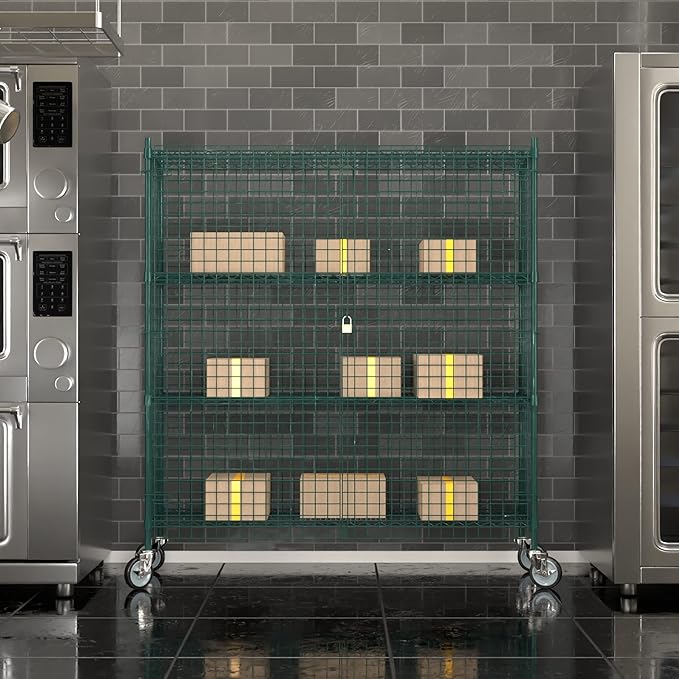 Commercial Grade NSF Listed Metal Wire Mesh Storage Green Epoxy Mobile Security Cage Kit, 18" x 60" x 70", Perfect for Warehouse, Walk-in Refrigerator, Freezer, Grocery Store, Restaurant, Dishroom