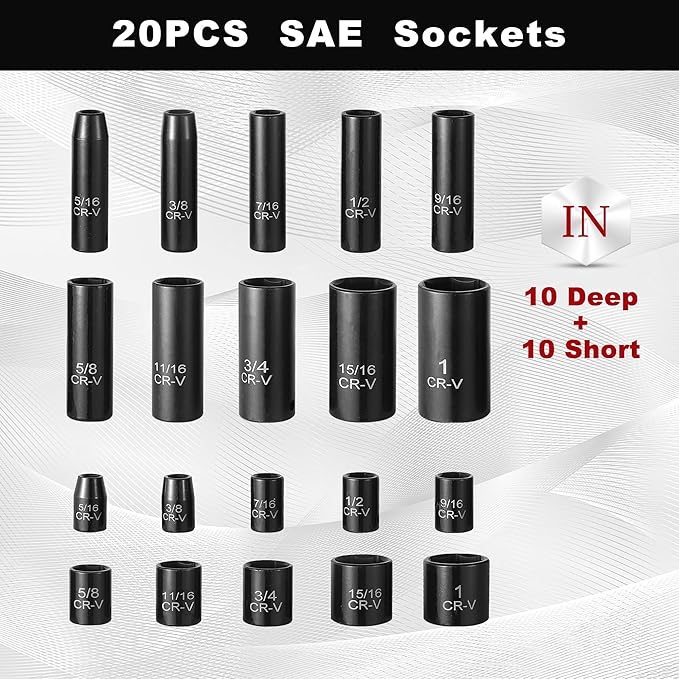Aloanes 3/8" Drive Impact Socket Set, 64-Piece Deep & Shallow SAE (5/16"-1") & Metric (6mm-24mm) Sockets, 72-Tooth Ratchet Wrench, Universal Joint&Power Drill Adapter&Extension Bars