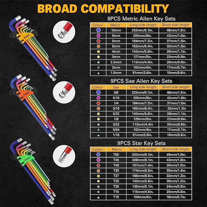 ELEAD Allen-Wrench Hex Torx Key Set: 29-Piece Rainbow Colored Allen Key Set, Long Arm Ball End, Metric SAE Standard Torx Star Wrenches with T-Handle and Extension Bar