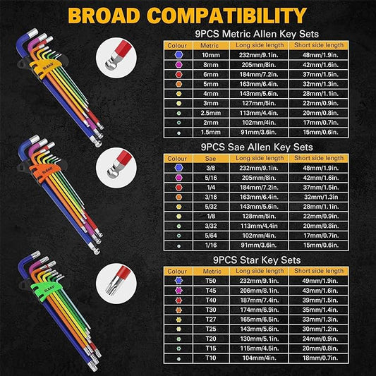 ELEAD Allen-Wrench Hex Torx Key Set: 29-Piece Rainbow Colored Allen Key Set, Long Arm Ball End, Metric SAE Standard Torx Star Wrenches with T-Handle and Extension Bar