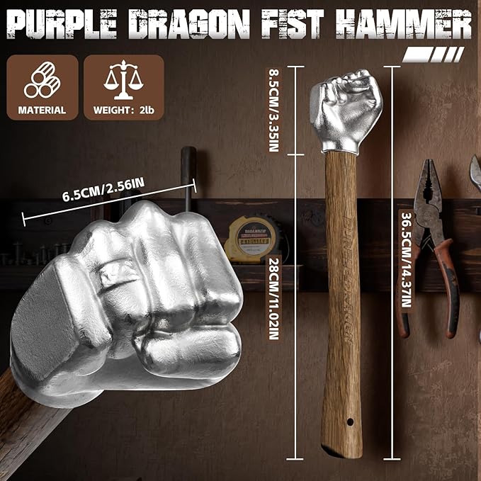 Purple Dragon Fist Hammer 2 lbs, Sledge Hammer Fist Shaped Stainless Steel, Ball Peen Hammers with Wooden Handle, Multi-Purpose Tool for DIY Crafting, Outdoor Camping, Home/Office Decor, Gifts for Men