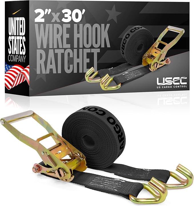 US Cargo Control Wire Hook Ratchet Strap 2 Inch x 30 Foot, 10,000 LBS Break Strength, Ratchet Straps Heavy Duty with Double J Hooks, Black Cargo Tie Downs for Flatbed Trailers and Trucks