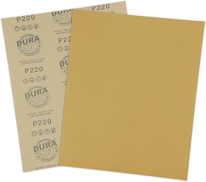 Dura-Gold Premium 9" x 11" Gold Sandpaper Sheets, 220 Grit (Box of 10) - Wood Furniture Woodworking, Automotive Paint, Full-Size Cut to Use on 1/4, 1/3, 1/2 Sheet Finishing Sanders, Hand Sanding Block