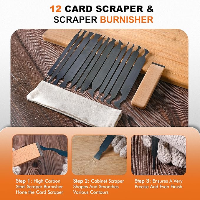12-Piece Cabinet Scraper Set with Burnisher, 1 Curved and 1 Gooseneck Wood Scraper, Multi-Shaped Card Scrapers for Woodworking, Precision Wood Scraper Kit for Fine Finishing & Shape Shaping