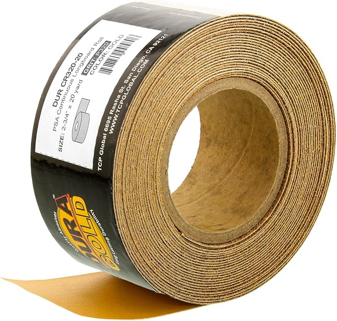 Dura-Gold Premium Gold 320 Grit PSA Longboard Sandpaper, 20 Yard Roll, 2-3/4" Wide, Self Adhesive Stickyback, Woodworking & Automotive Sandpaper Roll, Air File Sand Paper, Auto Sanding Blocks