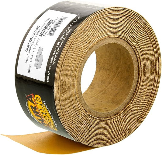 Dura-Gold Premium Gold 320 Grit PSA Longboard Sandpaper, 20 Yard Roll, 2-3/4" Wide, Self Adhesive Stickyback, Woodworking & Automotive Sandpaper Roll, Air File Sand Paper, Auto Sanding Blocks