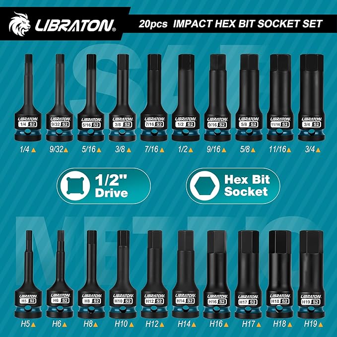 LIBRATON Impact Hex Bit Socket Set, 1/2" Dr, S2 Steel, Metric & SAE 20PCS (H5-H19 & 1/4"-3/4") High Torque Sockets for Professional Mechanics & Automotive Repair (XPE Storage Cases)