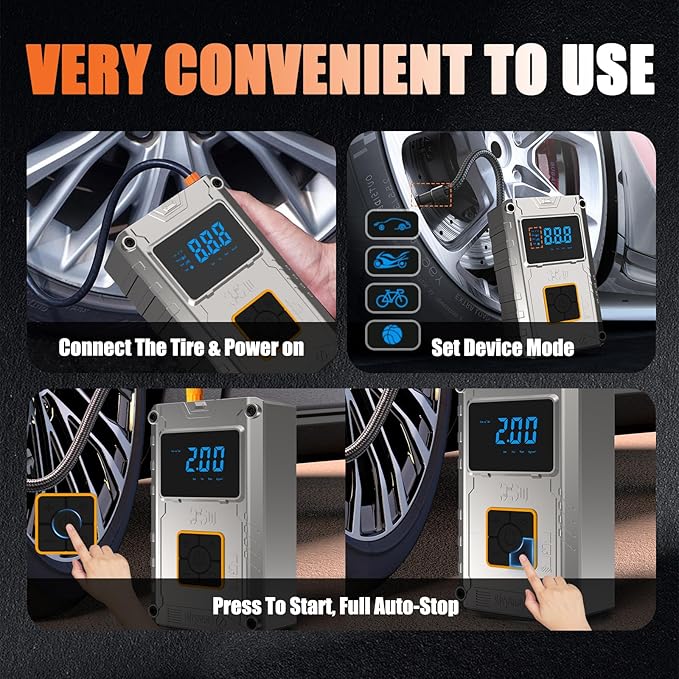 Bike pump, 150 PSI,Portable tire inflator for car,Air pump for car tires, Rapid Inflation Car Tire Inflator with Auto Shut-Off for cars