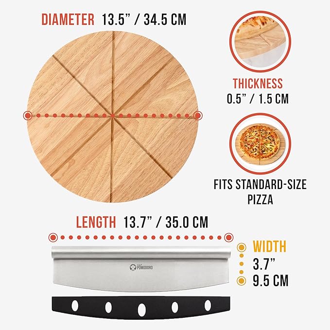 Chef Pomodoro 14" Pizza Cutter Rocker Blade and Pizza Cutting Board Set ??Premium Stainless Steel Pizza Slicer with Wooden Pizza Serving Board ??Pizza Wooden Board with Pizza Cutting Guide