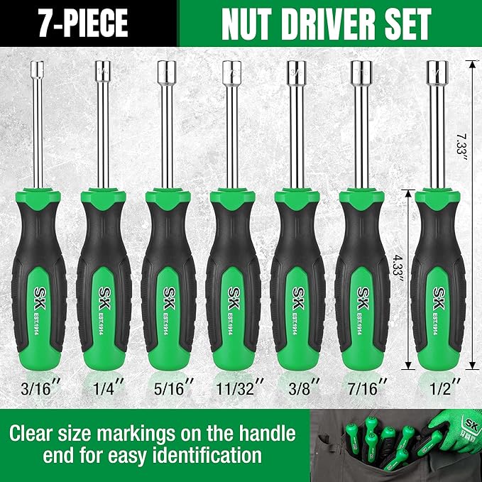 SK 7-Piece SAE Nut Driver Set, 3/16", 1/4", 5/16", 11/32", 3/8", 7/16", 1/2", Premium CR-V Construction, SureGrip Handle