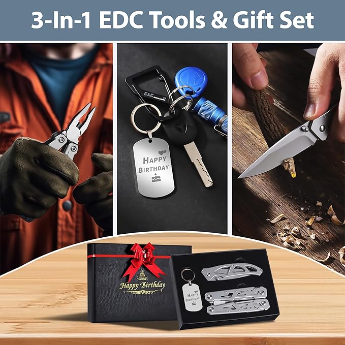 Multitools Set ?쏦APPY BIRTHDAY?? Gift for Birthday 14-in-1 Multi-tool Pliers, Pocket Knife & Keychain Tag, 3-Piece EDC Kit for Camping, Hiking - Premium Gift Box for Men Women
