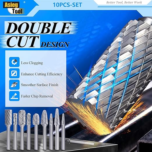 Carbide Burrs Set with 1/4''Shank Double Cut Solid Power Tools Tungsten Carbide Rotary Files Bits for Die Grinder Metal Wood Carving Engraving Polishing Drilling Grinding Milling Cutting 10pcs