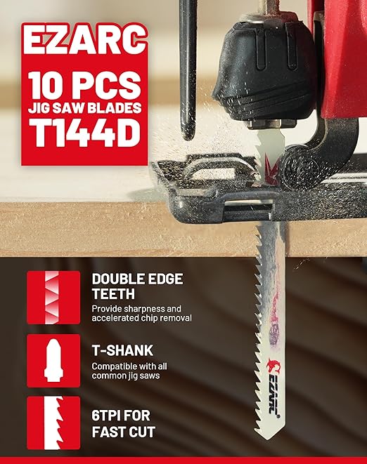 EZARC 10PCS Jigsaw Blades T144D Jig Saw Blades Set for Wood Fast Cutting Assorted T-Shank Replacement 6 TPI Curved & Scrolling Cutting
