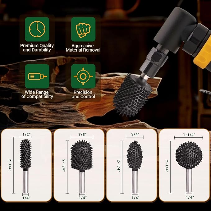 Extreme Coarse Ball Nose Rotary Burr, 1??" Shaft, Wood Rasp Bit for Drill-Bosch,Foredom, DeWalt, Milwaukee Tools- Abrasive Tungsten Carbide