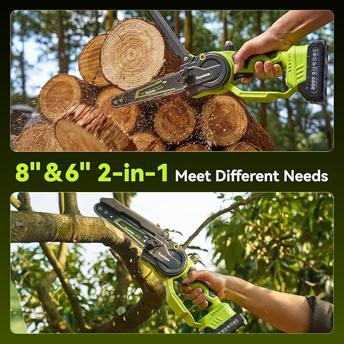 Mini Chainsaw Cordless, 8 Inch & 6 Inch Electric Chainsaw Battery Powered, 1000W Brushless Handheld Power Chain Saw with 2 Batteries, Tree Saw for Branch Trimming Wood Cutting, Gift for Men Women