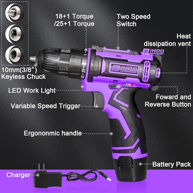 Purple 12V Cordless Drill,Electric Power Driver Kit,3/8-Inch Keyless Chuck, Variable Speed,with Drills Bits Set for Home DIY