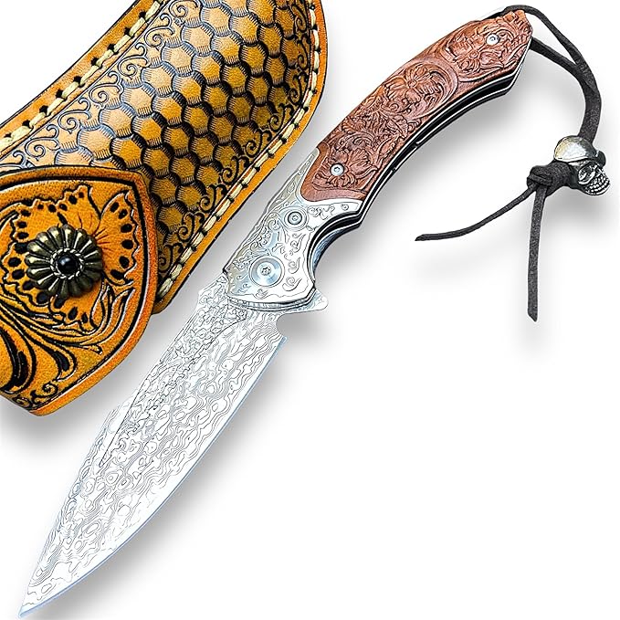 TACTICAL GEARZ Damascus Steel Pocket Knife, Custom Carved Rosewood Handle, Includes Custom Leather Sheath (Kahuna XT)