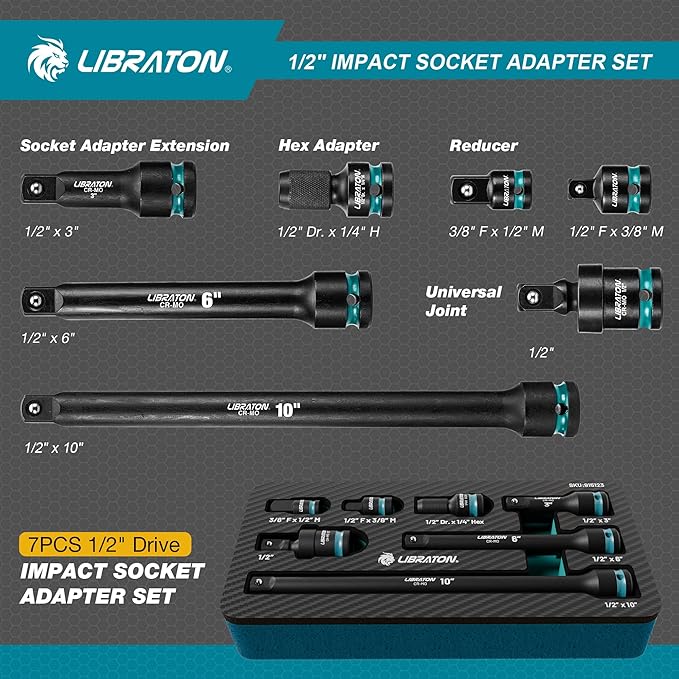 LIBRATON 1/2" Impact Socket Adapter Set 7PCS, Impact Socket Adapter Extensions 3" 6" 10", Socket Adapter Reducers, Swivel Socket, Impact to 1/4 Hex Converter, for Automotive Repair, XPE Foam