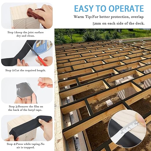 Butyl Joist Tape for Decking 2''횞50', 6 Pack Weather-Resistant Deck Joist Tape, Waterproof Seal Antiseptic Butyl Joists Tape,Self-Adhesive Flashing Joists Tape for Wood Decks Beams Roof