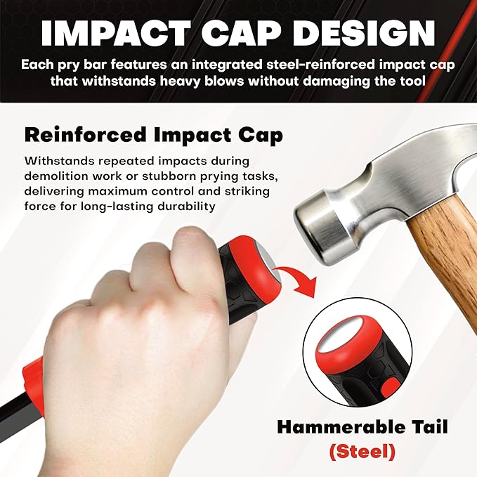 C&T 4-Piece Heavy Duty Pry Bar Set (8",12",18",24"), Premium Mechanic Hand Tools with Thicker Strike Cap & Ergonomic Comfort Grip for Automotive, Demolition & Construction, Black/Red