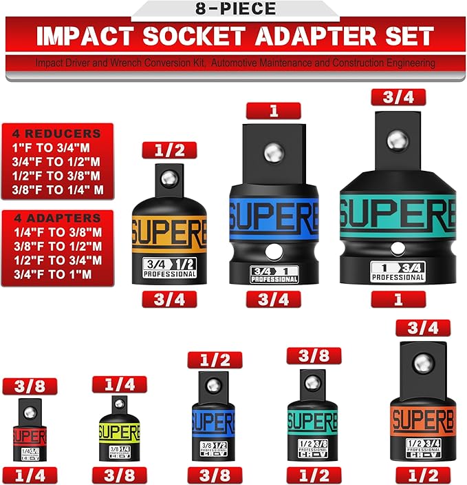 8-Piece Impact Socket Adapter Set, 1/4", 3/8", 1/2", 3/4", 1" Socket Converter and Reducer, Impact Driver and Wrench Conversion Kit, Automotive Maintenance and Construction Engineering