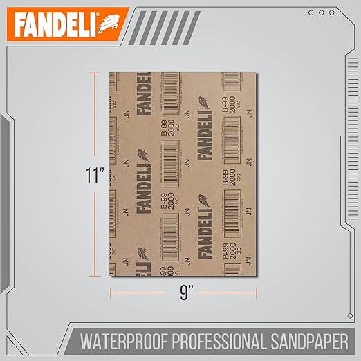 Fandeli | Waterproof Sandpaper | 2000 Grit | 25 Sheets 9'' x 11'' | For Car Polishing, Wooden Furniture Sanding and Metal Sanding | Water Resistant