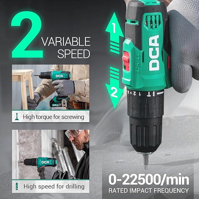DCA 20V Cordless Hammer Drill Set, 354 In-lb Torque, 1/2" Keyless Chuck, 22500 IPM, 2 Variable Speeds, 18+1+1 Position, Power Impact drill with 14 Drill/Driver Bits for Brick, Metal, Wood ADJZ2035i13