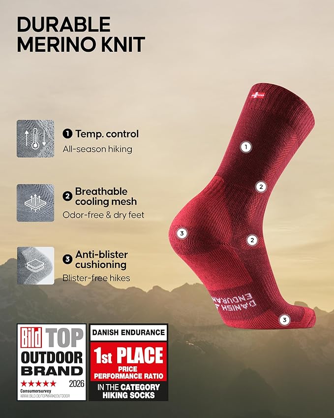 DANISH ENDURANCE Merino Wool Hiking Crew Socks for Men & Women, Cushioned Anti-Blister, Breathable - 3 Pairs