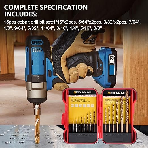 Cobalt Drill Bit Set - 15Pcs M35 HSS Twist Drill Bits, Straight Shank, Metal Drills bit Set for Hardened Metal, Stainless Steel, Cast Iron, Wood and Plastic with Index Storage Case, 1/16"-3/8"