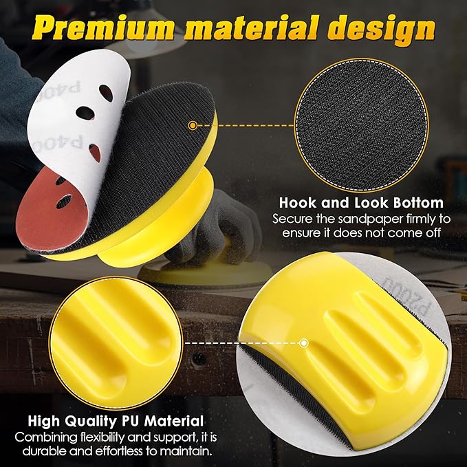 Huwena 5 Inch Hook and Loop Sanding Block Set, 2 Pcs Round and Mouse Sanding Block with 50 Pcs Different Grit Discs Sandpapers, Sand Paper for Wood Furniture Restoration Home Arts and Crafts