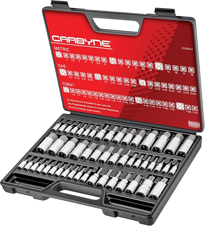 CARBYNE 50-Piece Master Torx, SAE & Metric Hex Bit (Allen) Socket Set | S2 Steel Bits, Cr-V Steel Sockets, Durable Storage Case. Torx: T6 to T70, Metric Hex: 2mm to 19mm, SAE Hex: 5/64 in. to 3/4 in.