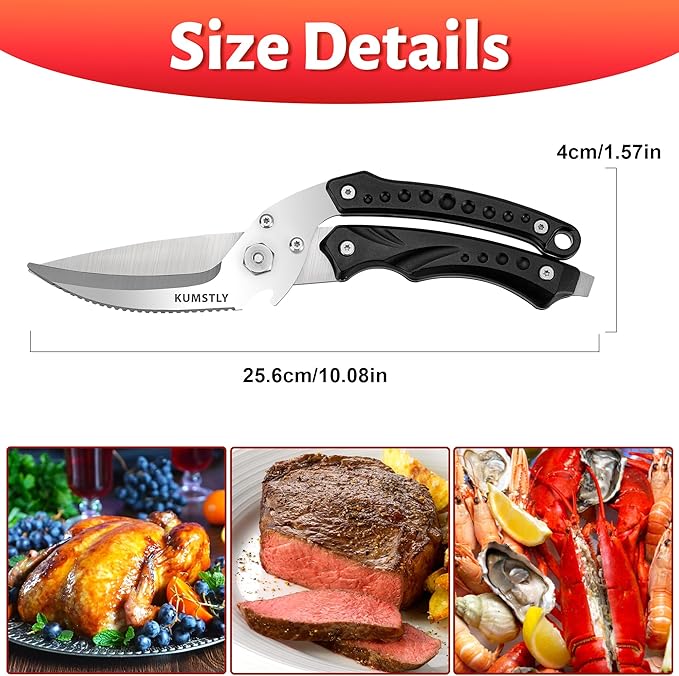 Heavy Duty Poultry Shears Professional Kitchen Scissors for Cutting Chicken, Turkey, Meat, Bones, Vegetables Stainless Steel Spatchcock Shears Multipurpose Food Scissors (Black)