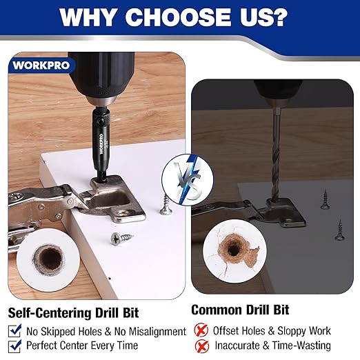 WORKPRO 3-Piece Self Centering Drill Bit Set, Durable HSS VIX Bit with Hex Key, 3/32?? 7/64?? 1/8??Center Drill Bits, 1/4 Inch Hex Shank for Precise Cabinet and Door Installation