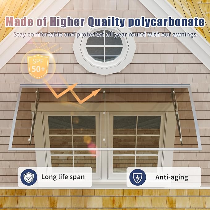 Awning for Door Entrance,32x48Inch Awnings for Doors with Sink,Window Canopy Exterior with Metal Bracket,Solid Crystal Polycarbonate Cover,UV,Rain,Snow Protection for House,Porch,Patio,Deck
