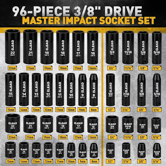 ELEAD 3/8" Drive Impact Socket Set, 96-Piece Deep & Shallow Socket Set Metric and Standard Full with Adapters, Ratchet Handle, Universal Joint, Extension Bar, Screwdriver Bit Sets, Spark Plug Sockets