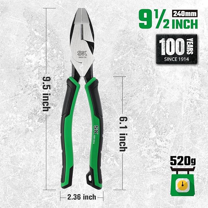 SK 9.5-Inch Linesman Pliers, High Carbon Steel, Ergonomic Anti-slip Handle for Comfortable Grip