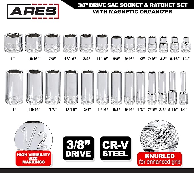 ARES 47007-28-Piece 3/8-inch Drive SAE Socket and 90-Tooth Ratchet Set with Magnetic Organizer - Sizes 1/4-Inch to 1-Inch Shallow and Deep Sockets