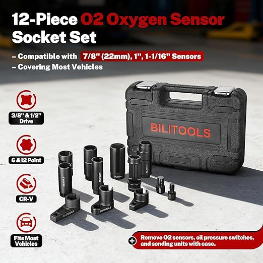 BILITOOLS 11-Piece O2 Oxygen Sensor Socket Set 7/8" (22mm), 1" & 1-1/16", Offset Oxygen Sensor Wrench Set includes Oil Pressure Switch Socket, Oil Sending Unit Socket