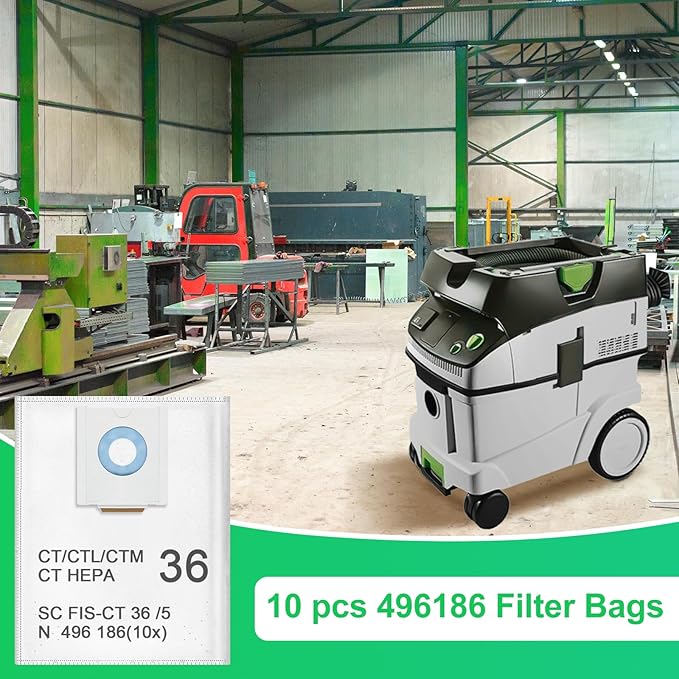 10 Pack 496186 Selfclean Filter Vacuum Bags For Festool CT 36, CTL 36, CTM 36 Dust Extractor Bag for Festool Vacuum Cleaner, Shop Vac Bags, Large Capacity Dust Collector Bag for Woodworking Workshops